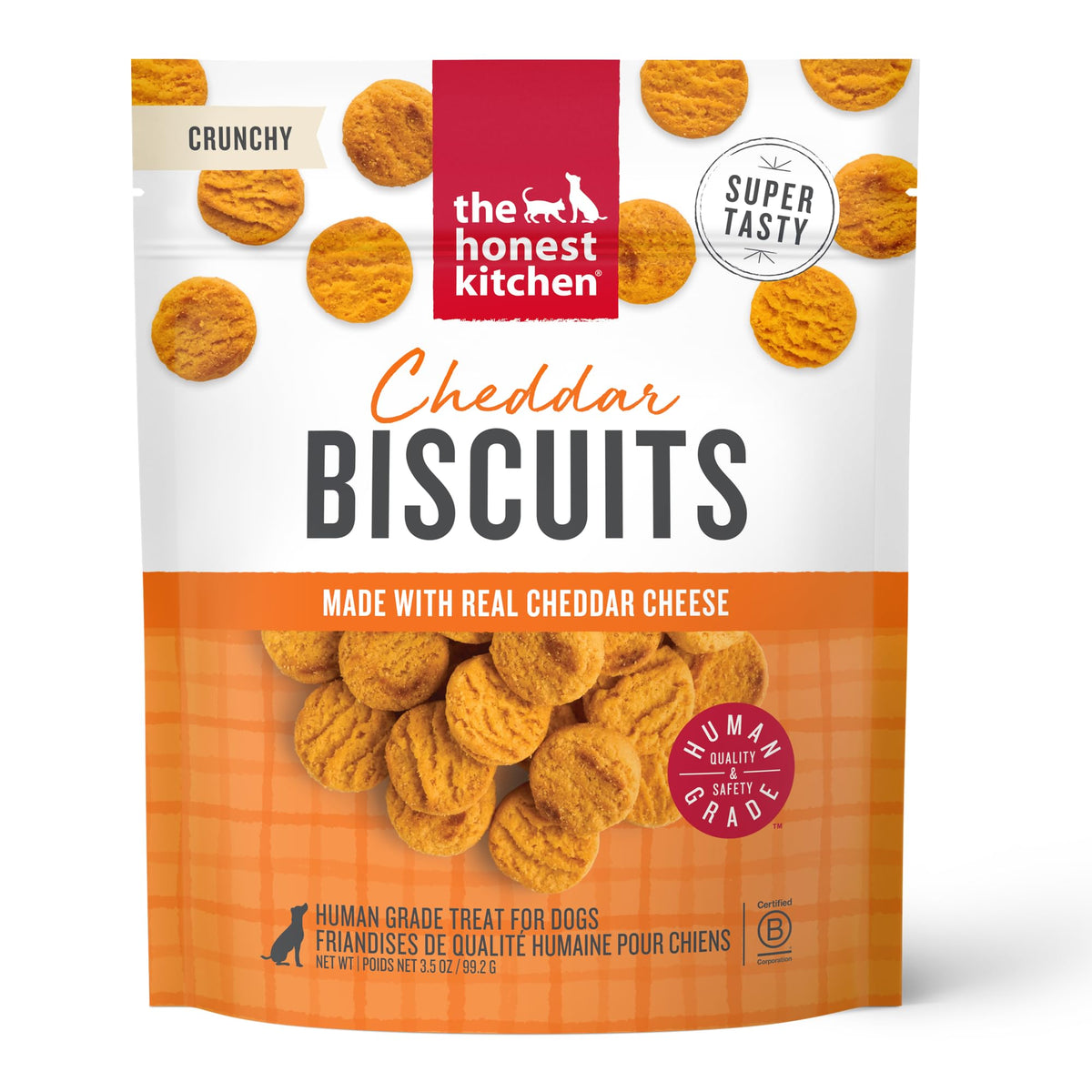 The Honest Kitchen galletas cheddar, empaque tres punto cinco onzas, premio sabroso para el perro