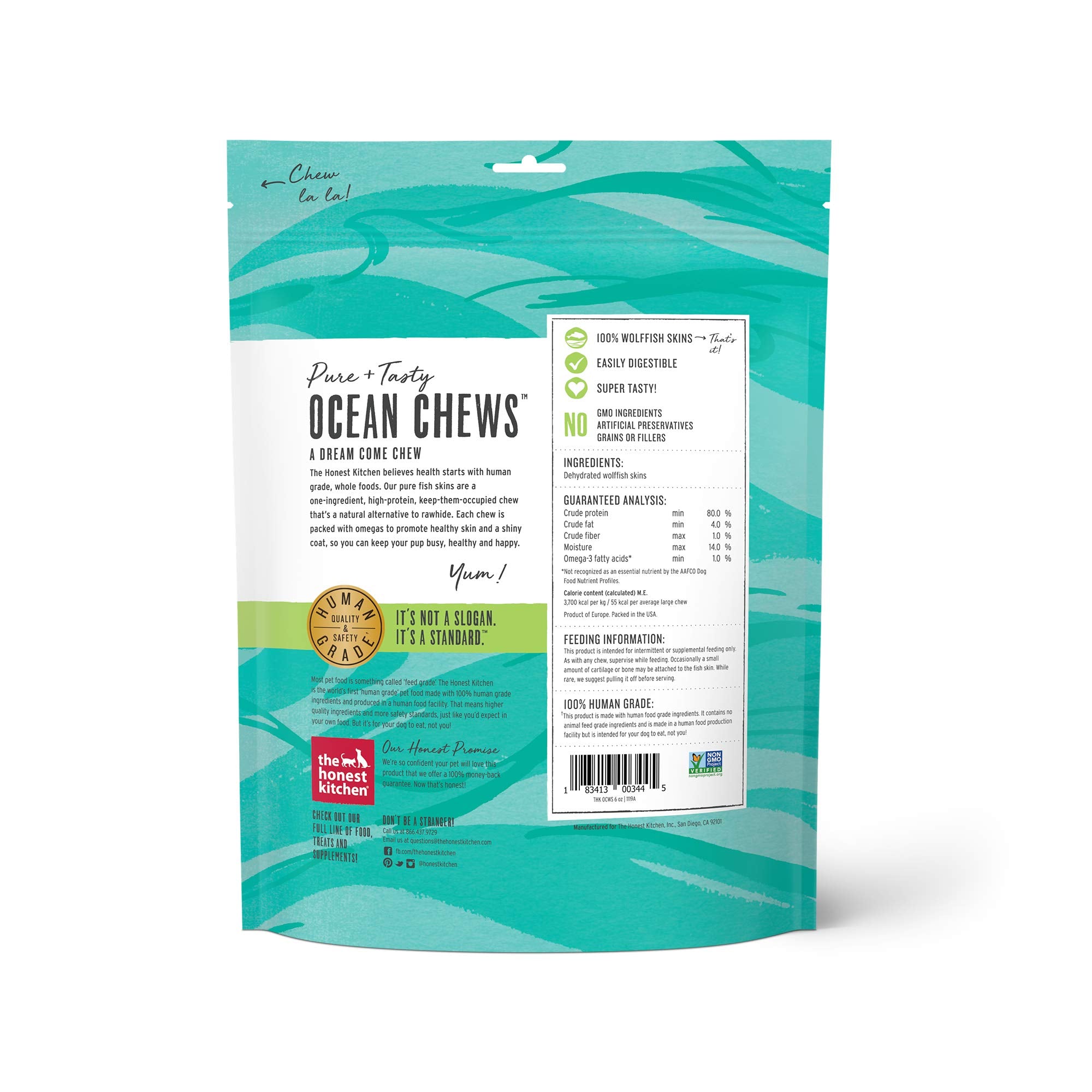 The Honest Kitchen masticables sin granos de wolffish para perros.