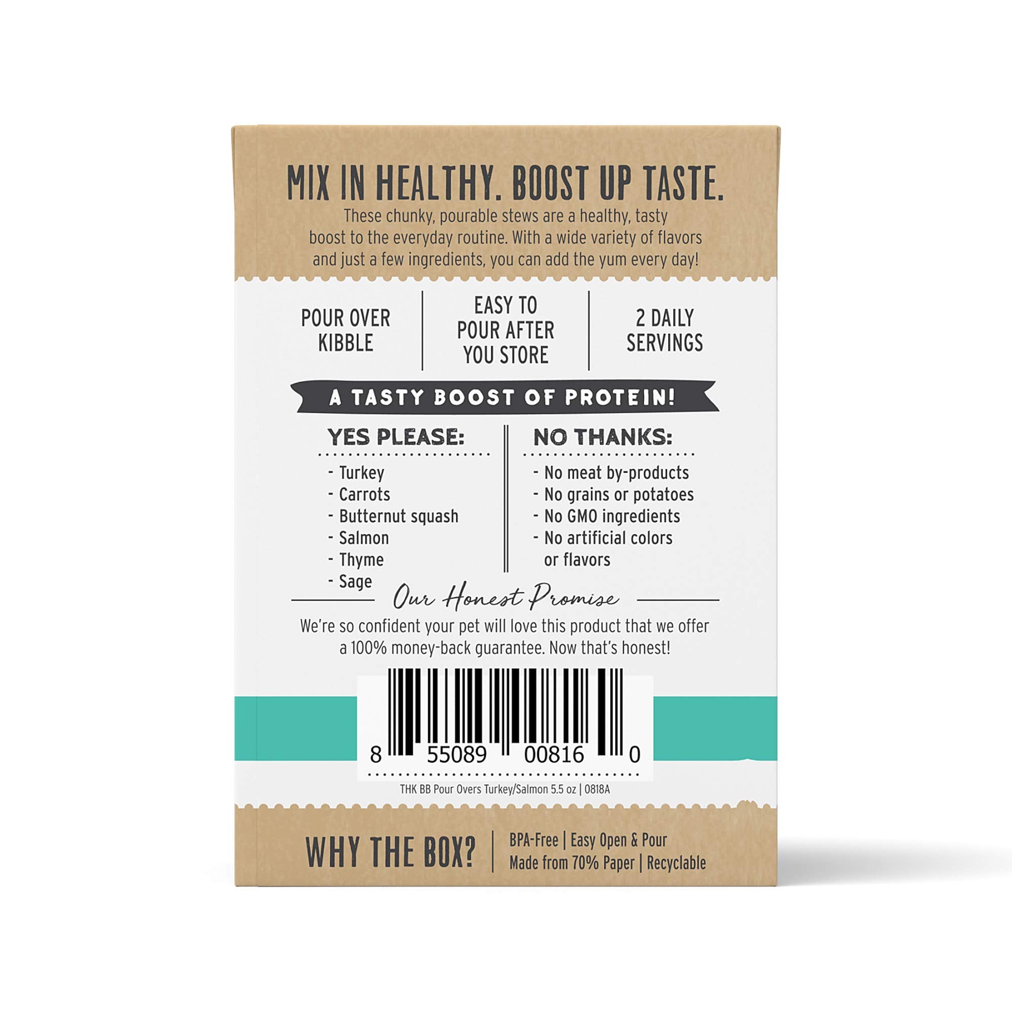 The Honest Kitchen, pavo-salmon-ingredientes visibles, caldo nutritivo para perros.