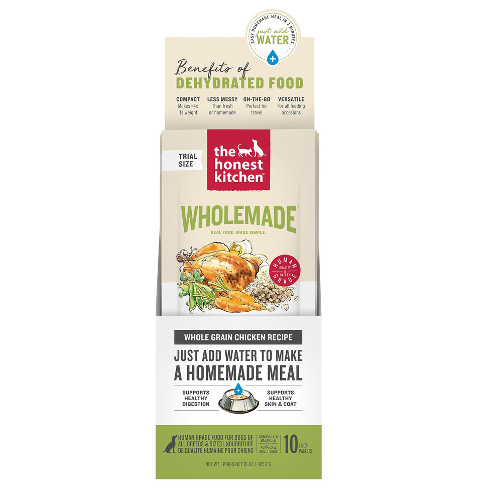 The Honest Kitchen pollo de grado humano, listo para alimentar perros con comida rápida y sabrosa.
