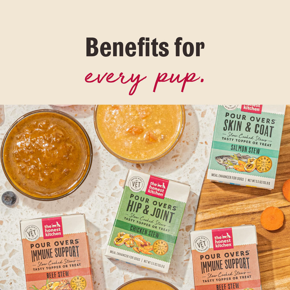 The Honest Kitchen Pour Overs es ideal para perros mayores, complementando su dieta
