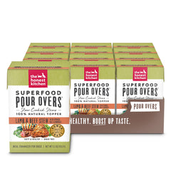 The Honest Kitchen Pour Overs con empaque visible, comida de calidad para perros.