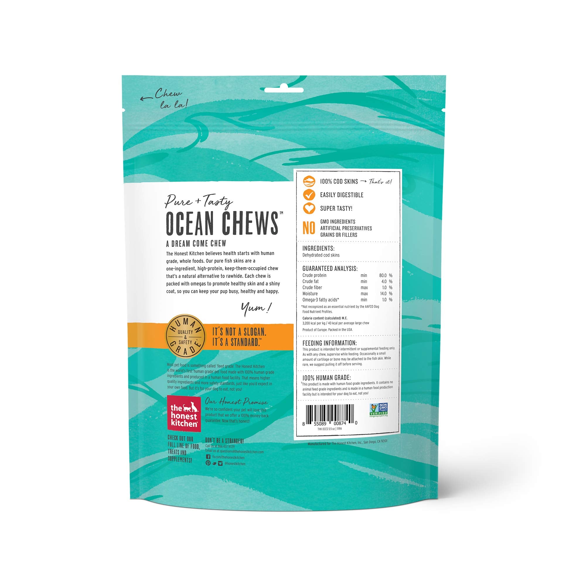 The Honest Kitchen snacks para perros con bacalao, ideal para recompensas de entrenamiento.