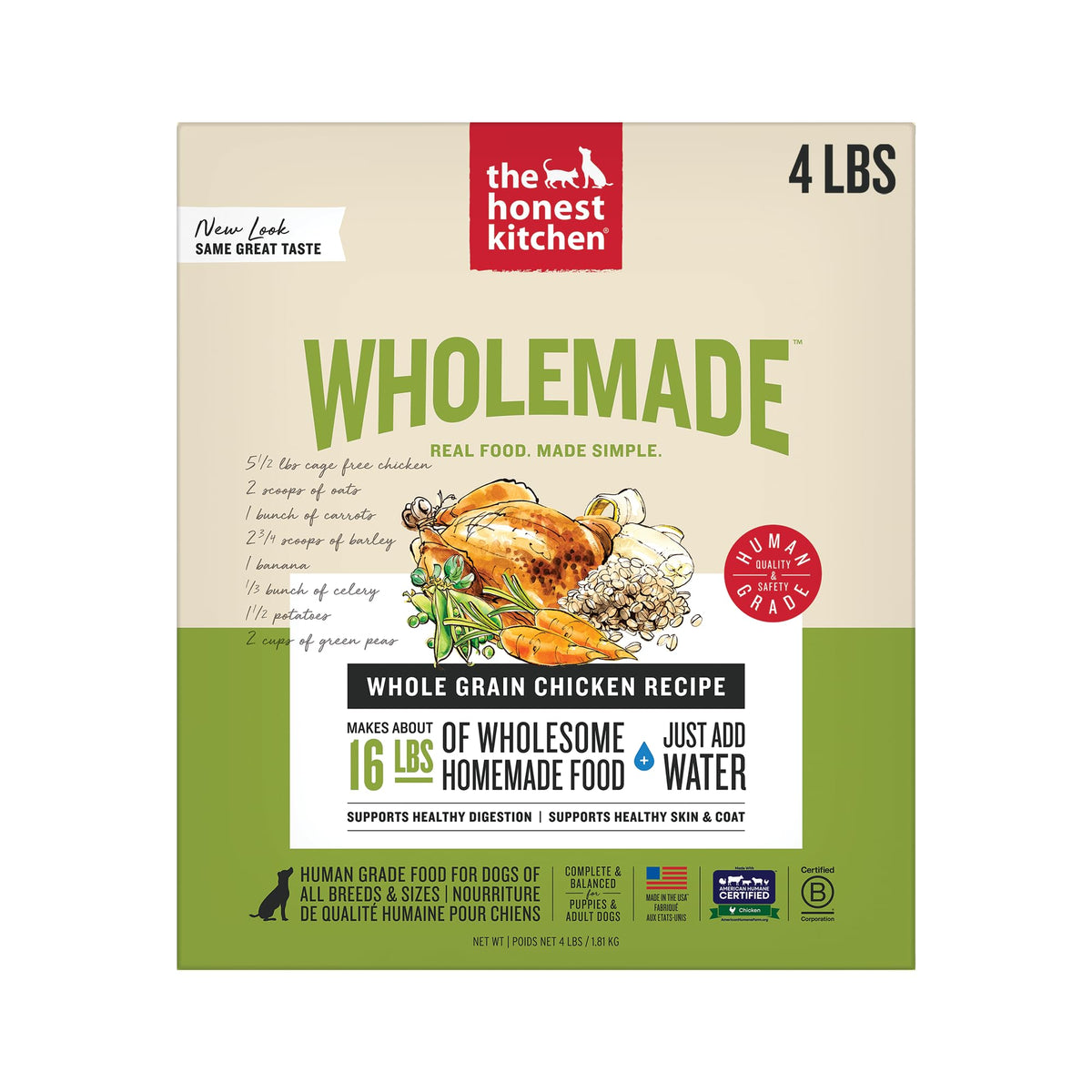 The Honest Kitchen Wholemade con pollo de corral, caja de cuatro libras lista para rehidratar.