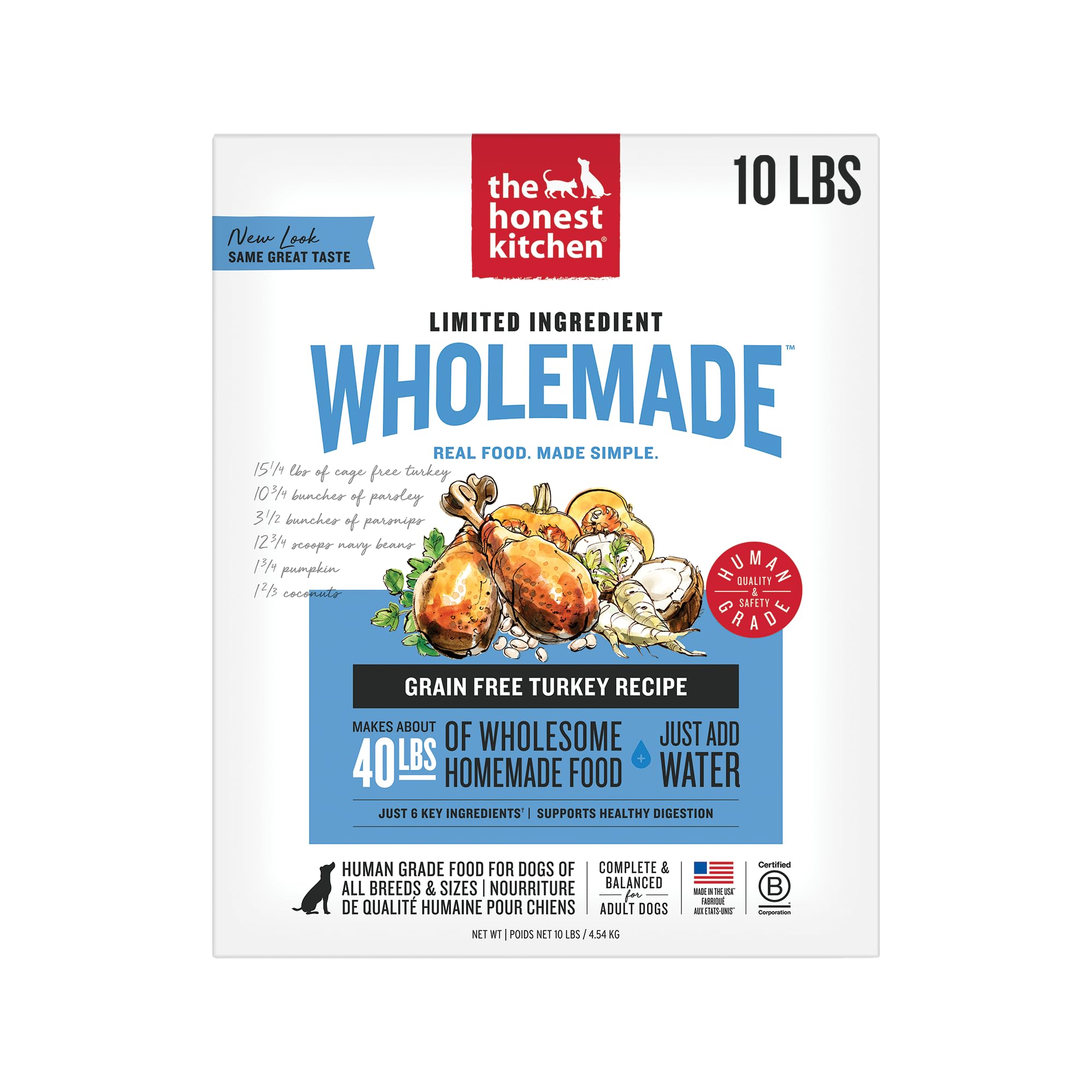The Honest Kitchen WholeMade Deshidratado para perros con pavo, empaque práctico y de calidad.