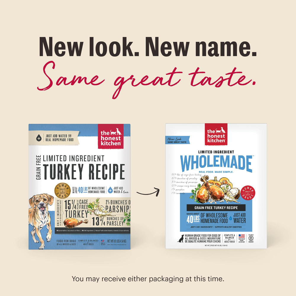 The Honest Kitchen WholeMade Deshidratado servido en plato, comida completa lista para comer.