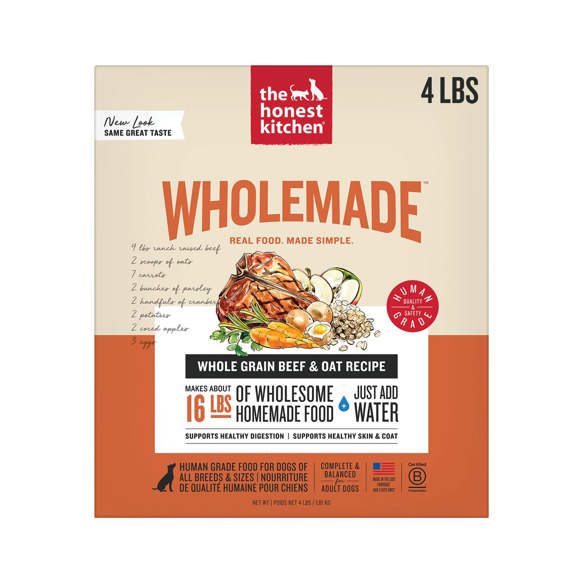The Honest Kitchen Wholemade deshidratado para perros, con res y avena, listo para rehidratar.