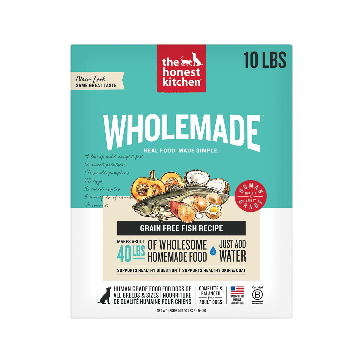 The Honest Kitchen Wholemade deshidratado con pescado sin granos en bol listo para servir.