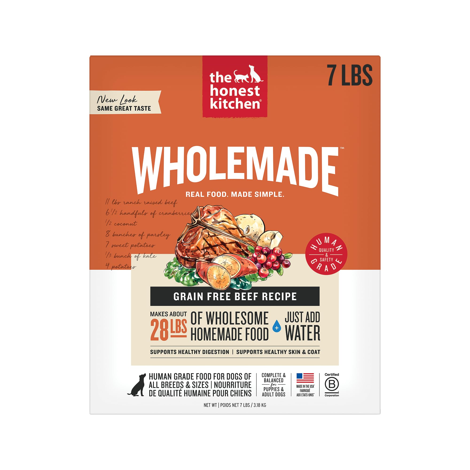 The Honest Kitchen Wholemade Dehidratado, caja de 7 lb, carne de res para perros, lista para servir.