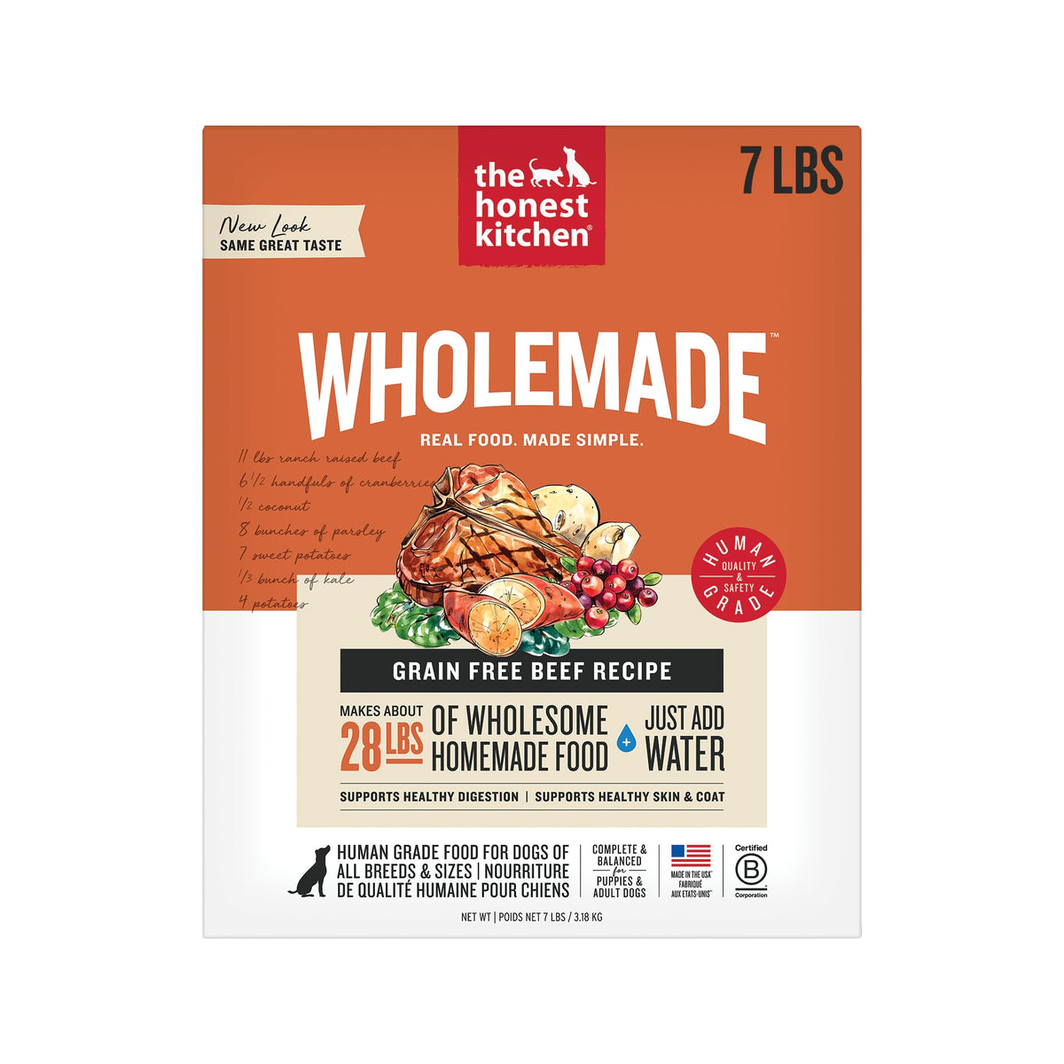 The Honest Kitchen Wholemade Dehidratado, caja de 7 lb, carne de res para perros, lista para servir.