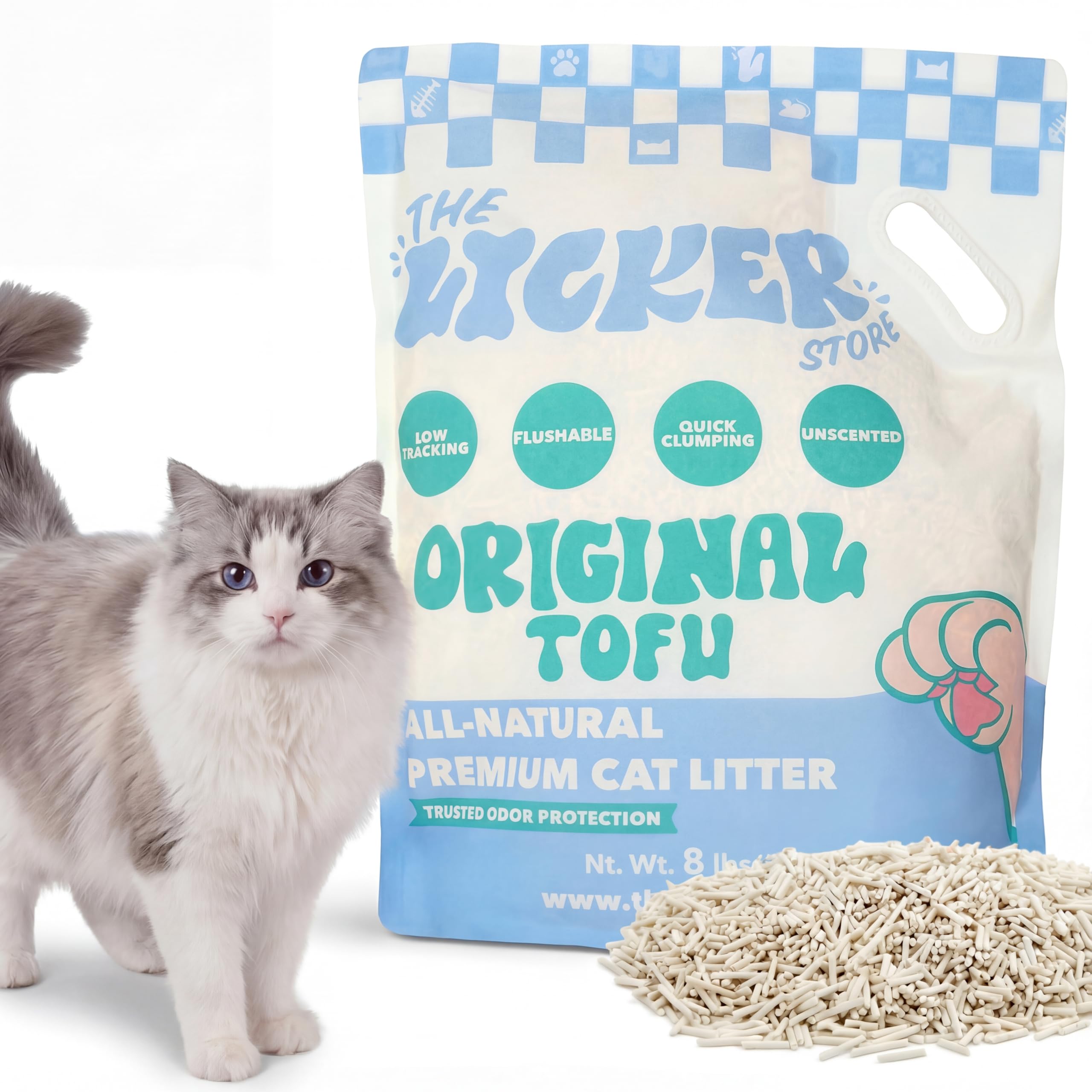THE LICKER STORE arena de tofu para gatos en bolsa de 8 libras, limpieza rápida.