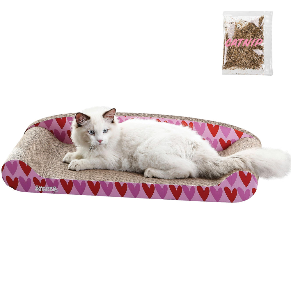 The LICKER STORE Montego: cama-lounge para gatos con corazones rosas para estirarse y descansar.