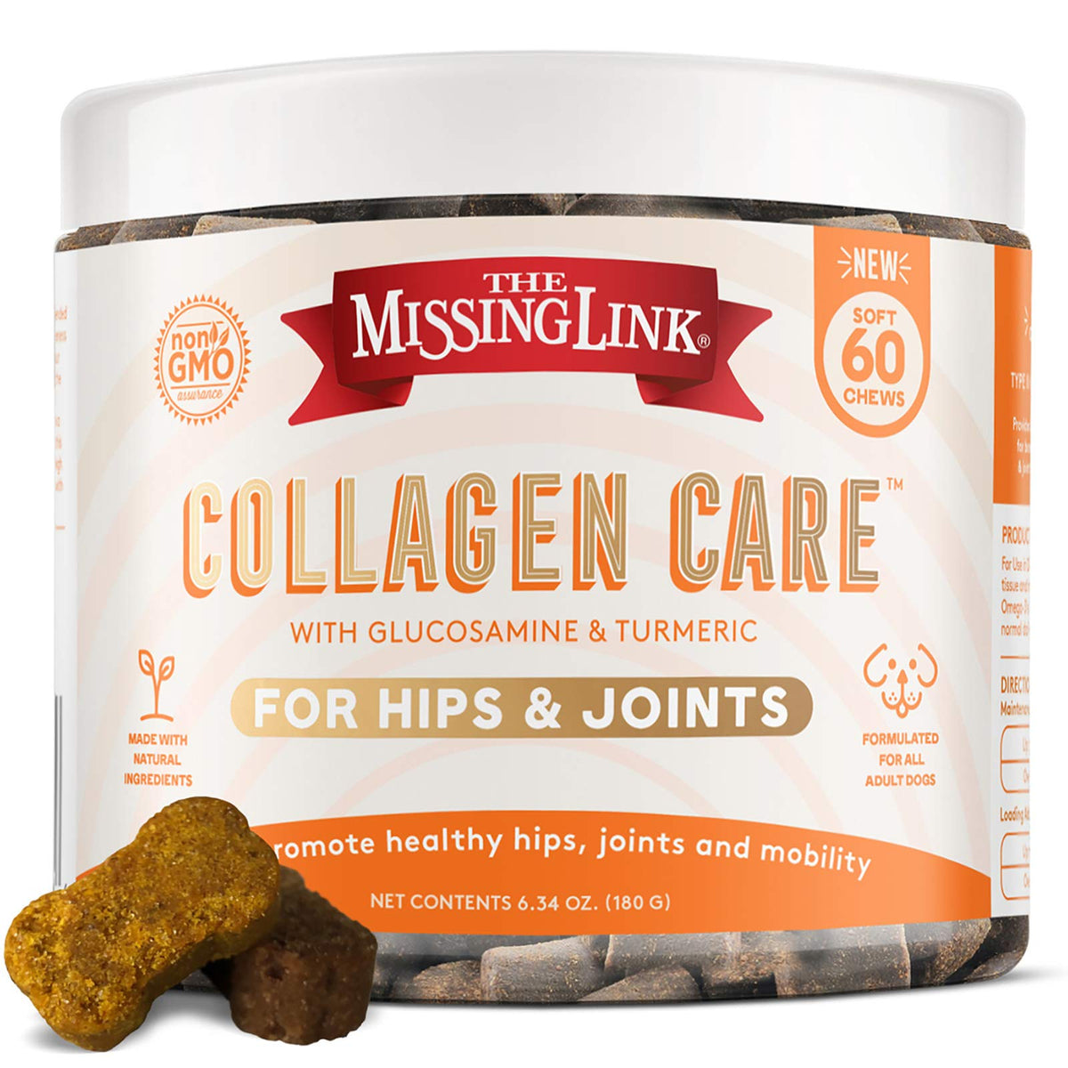 The Missing Link Collagen Care: botella vertiendo, apoyo diario a la movilidad canina.