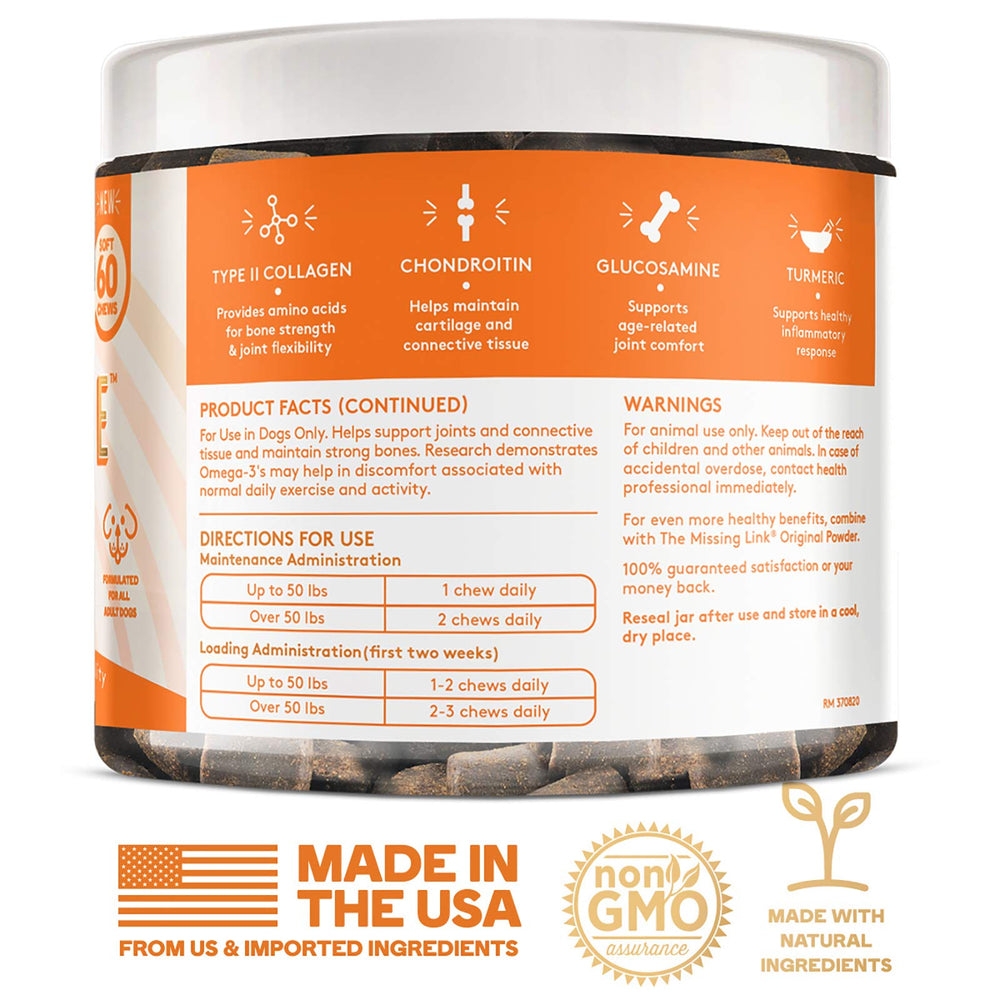 The Missing Link Collagen Care: perro feliz comiendo gominolas, apoyo suave a la movilidad.