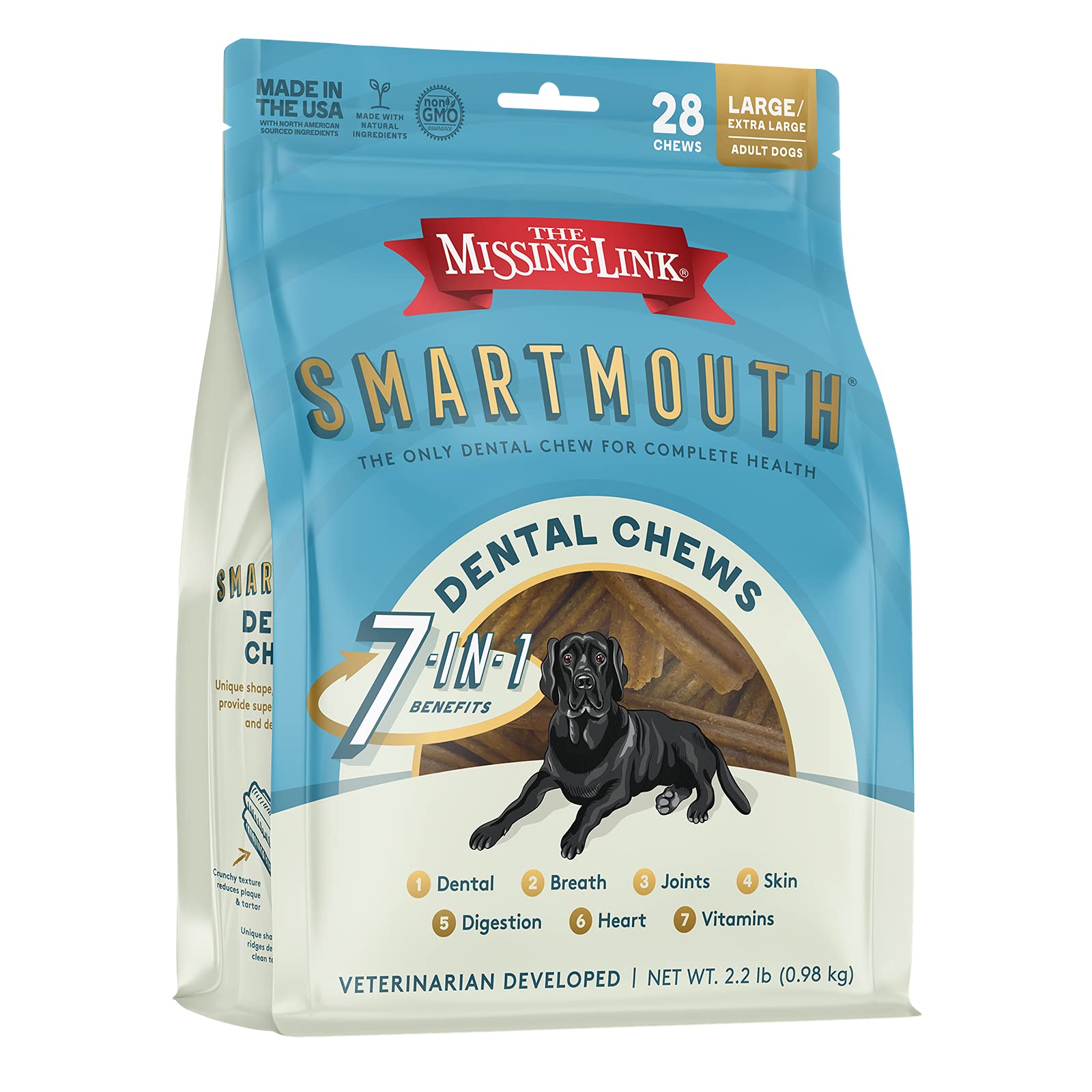 The Missing Link Smartmouth masticables dentales en empaque para perros grandes, enfocados en higiene bucal.