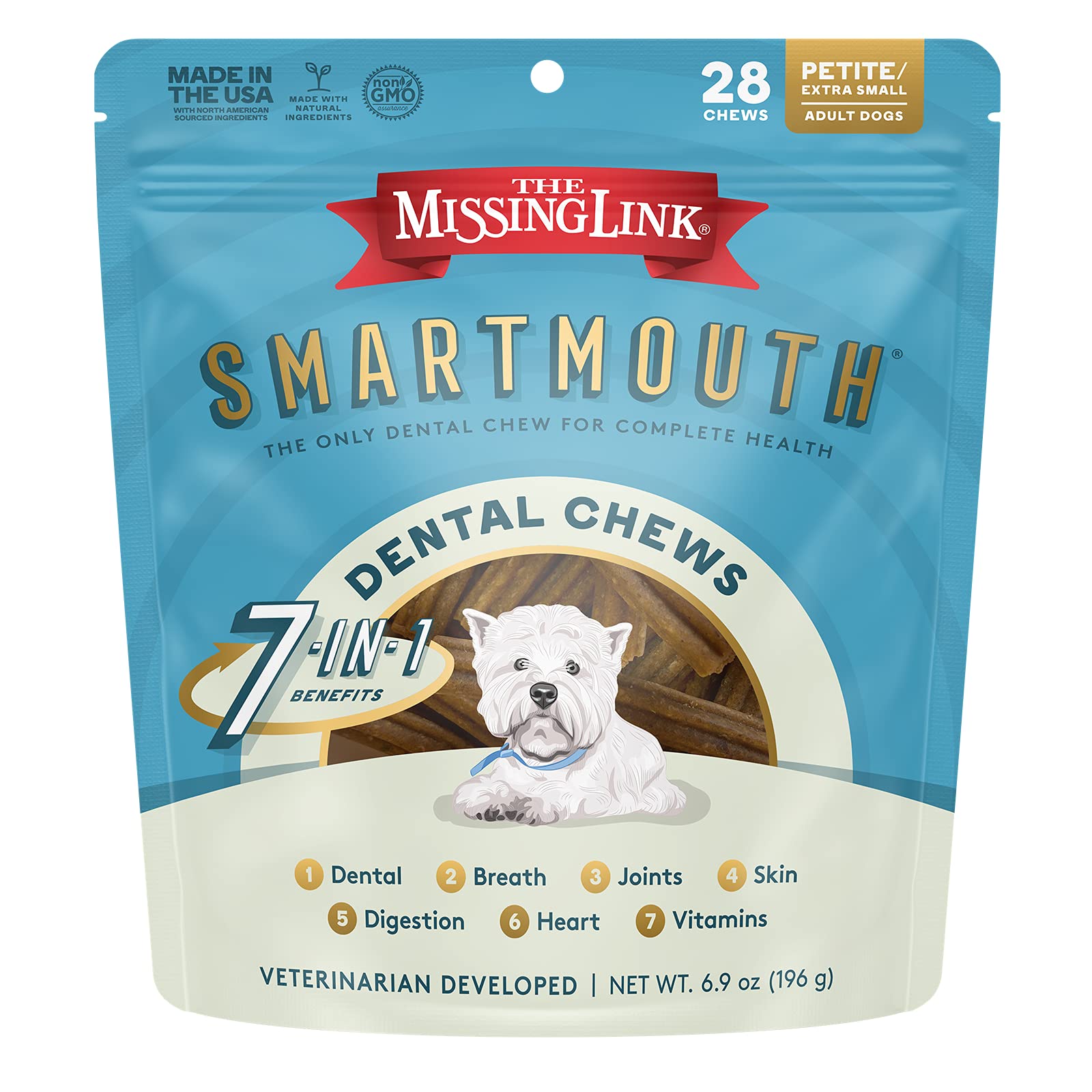 The Missing Link Smartmouth dental chews en empaque práctico para perros pequeños y aliento fresco.