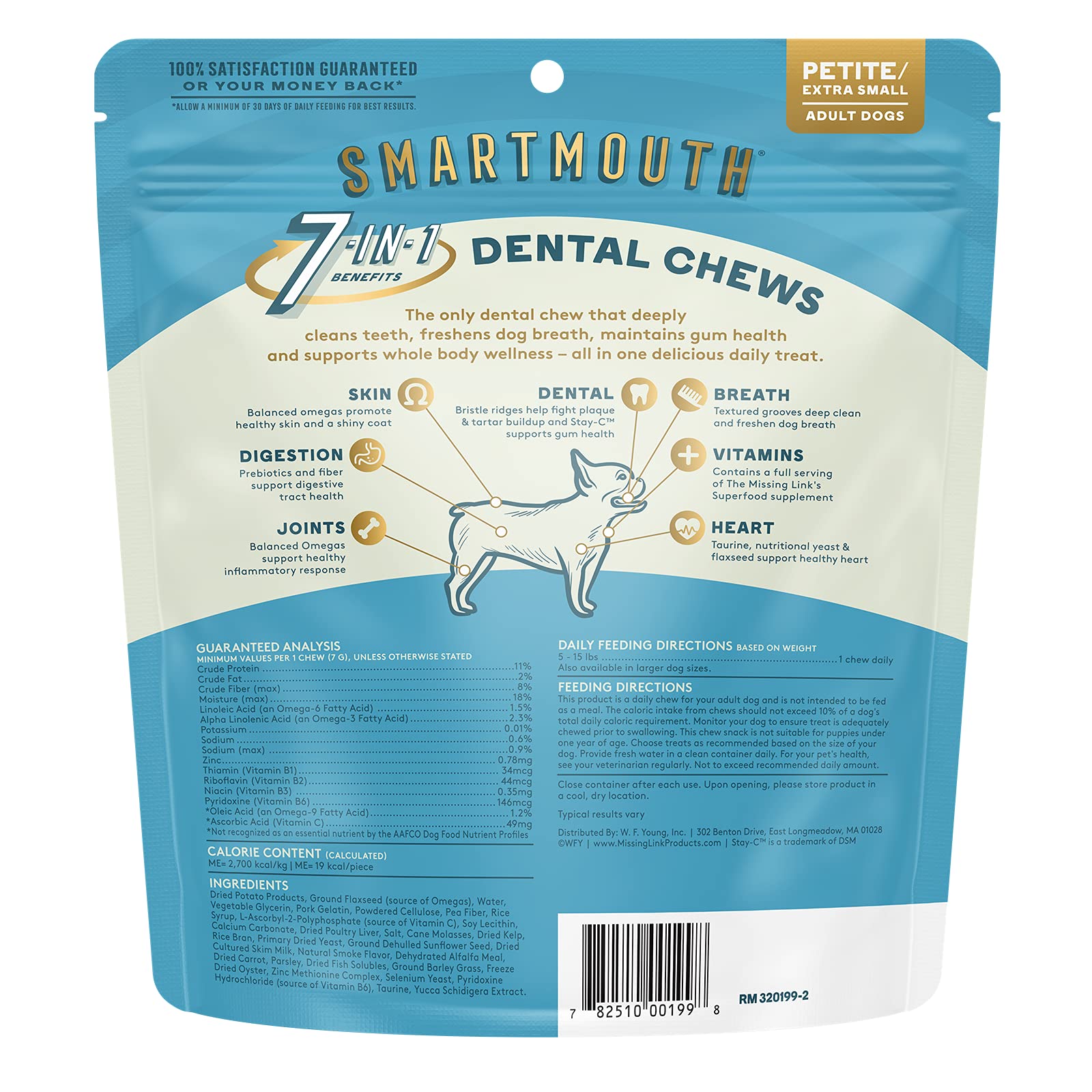 The Missing Link Smartmouth dental chews con ingredientes balanceados para salud bucal.