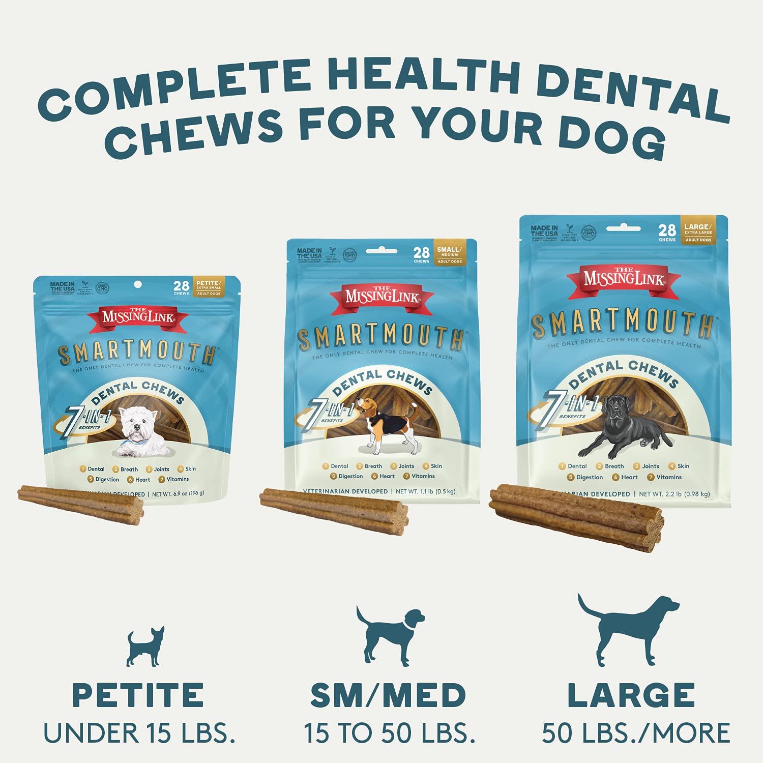The Missing Link Smartmouth dental chews sabor apetitoso para perros pequeños.