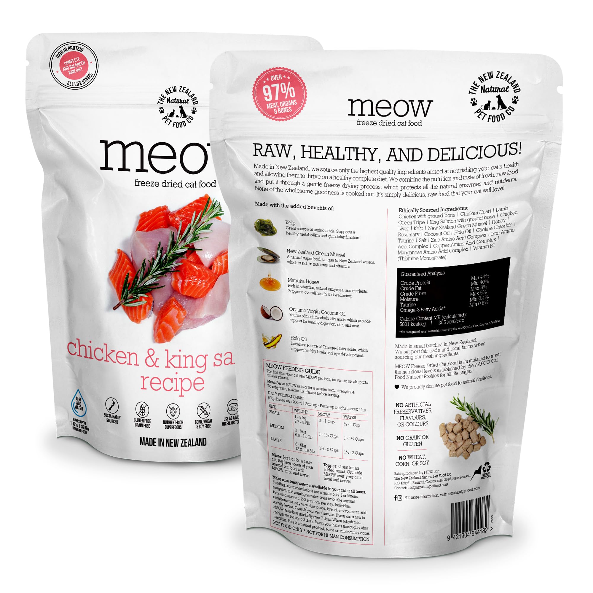 The New Zealand Natural Pet Food Co comida liofilizada para gatos con salmón King, sabor intenso.