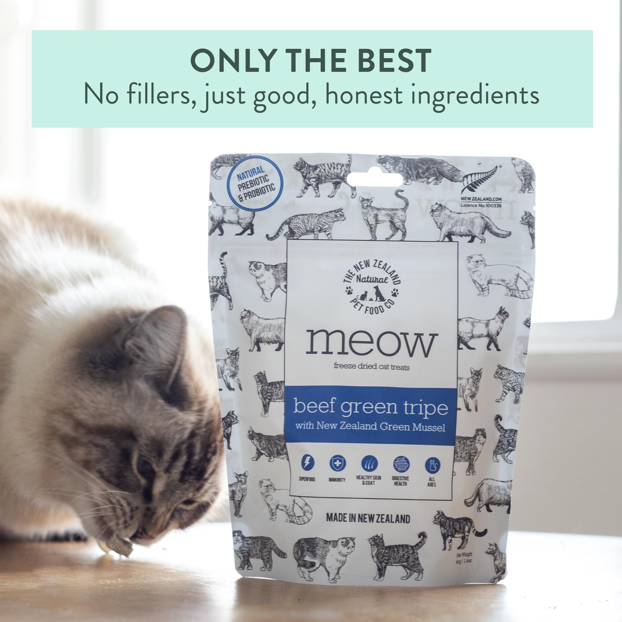 MEOW Digestivo en gatos: desayuno, comida y cena con sabor natural.