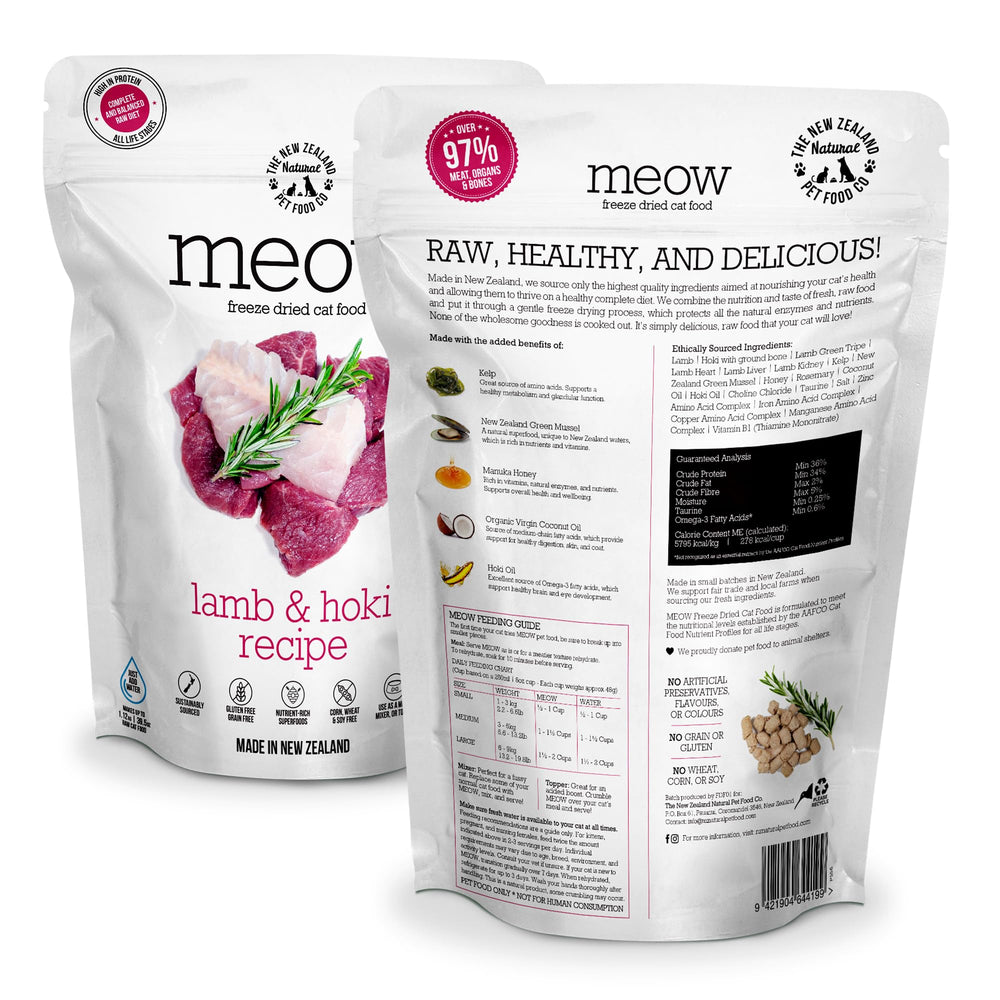 The New Zealand Natural Pet Food Co. Meow liofilizado alto en proteína para gatos activos.