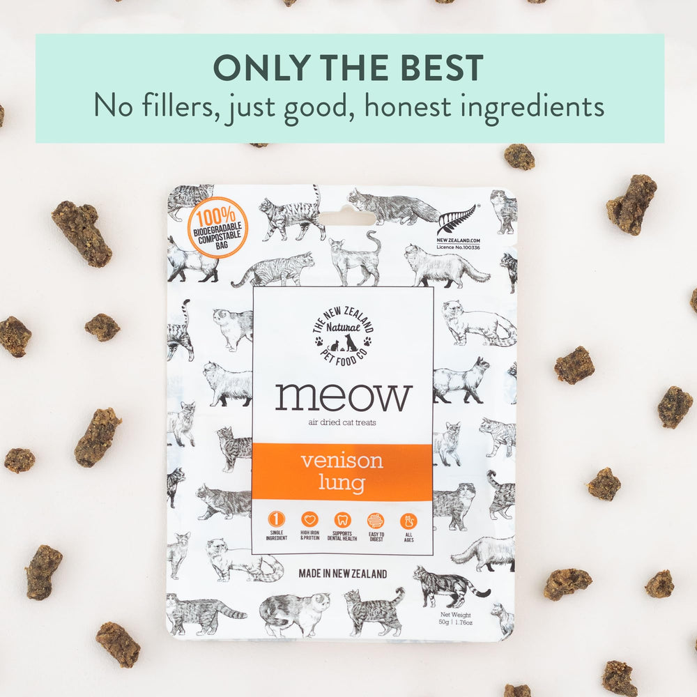 The New Zealand Natural Pet Food Co Meow, pulmón de venado, sin conservantes artificiales.