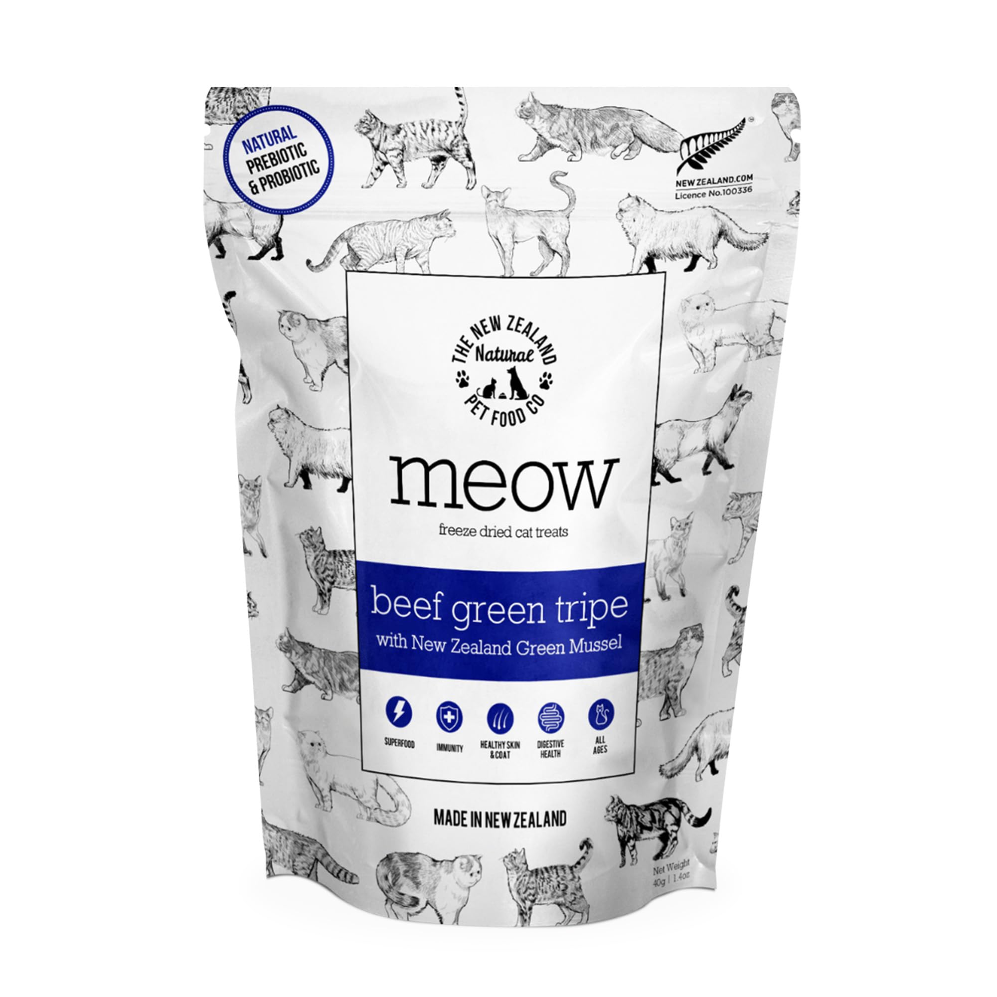 MEOW de The New Zealand Natural Pet Food Co, tripa verde de res deshidratada para apoyar la digestión.