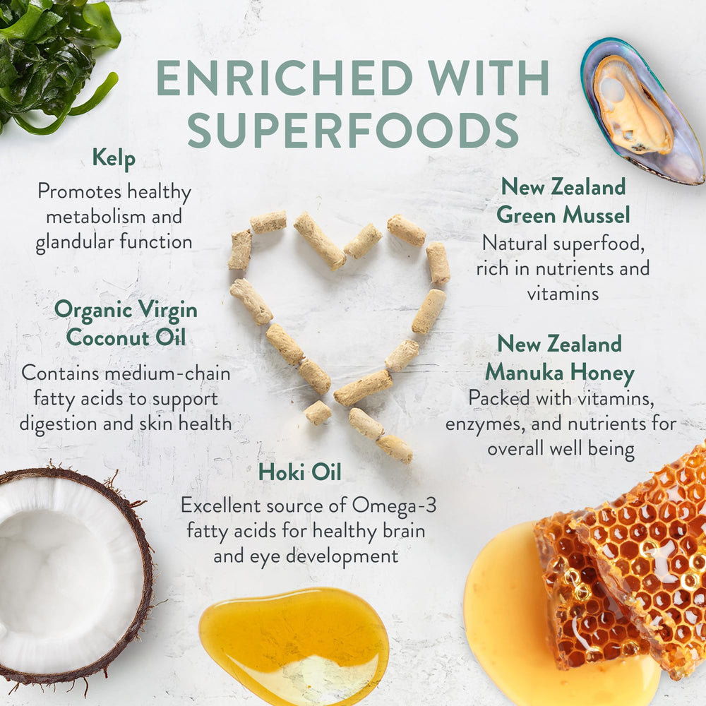 The New Zealand Natural Pet Food Co miel de Manuka y aceite de coco para apoyo general.