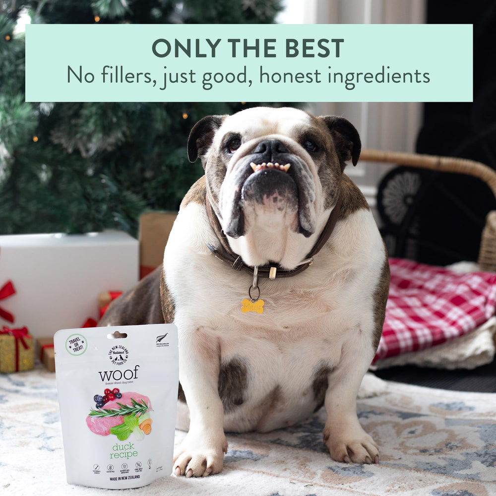 The New Zealand Natural Pet Food Co. Woof liofilizado pato, complemento diario para la comida.