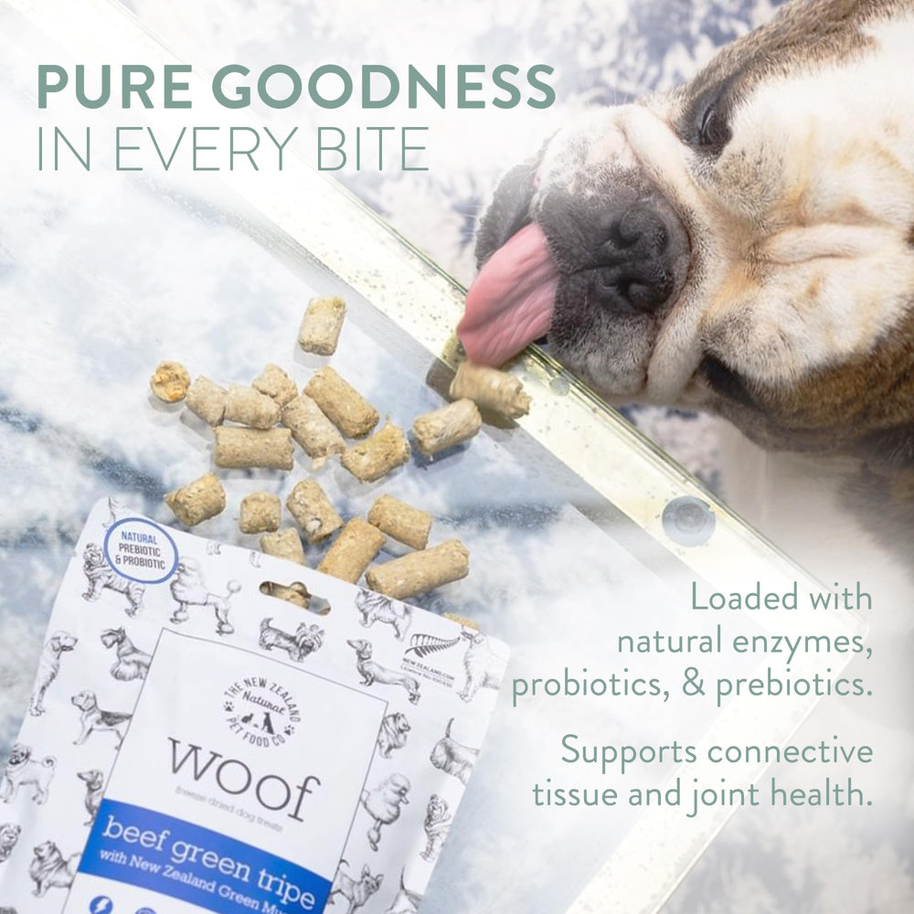 The New Zealand Natural Pet Food Co. WOOF tripe boeuf lyophilisé: emballage pratique et frais.