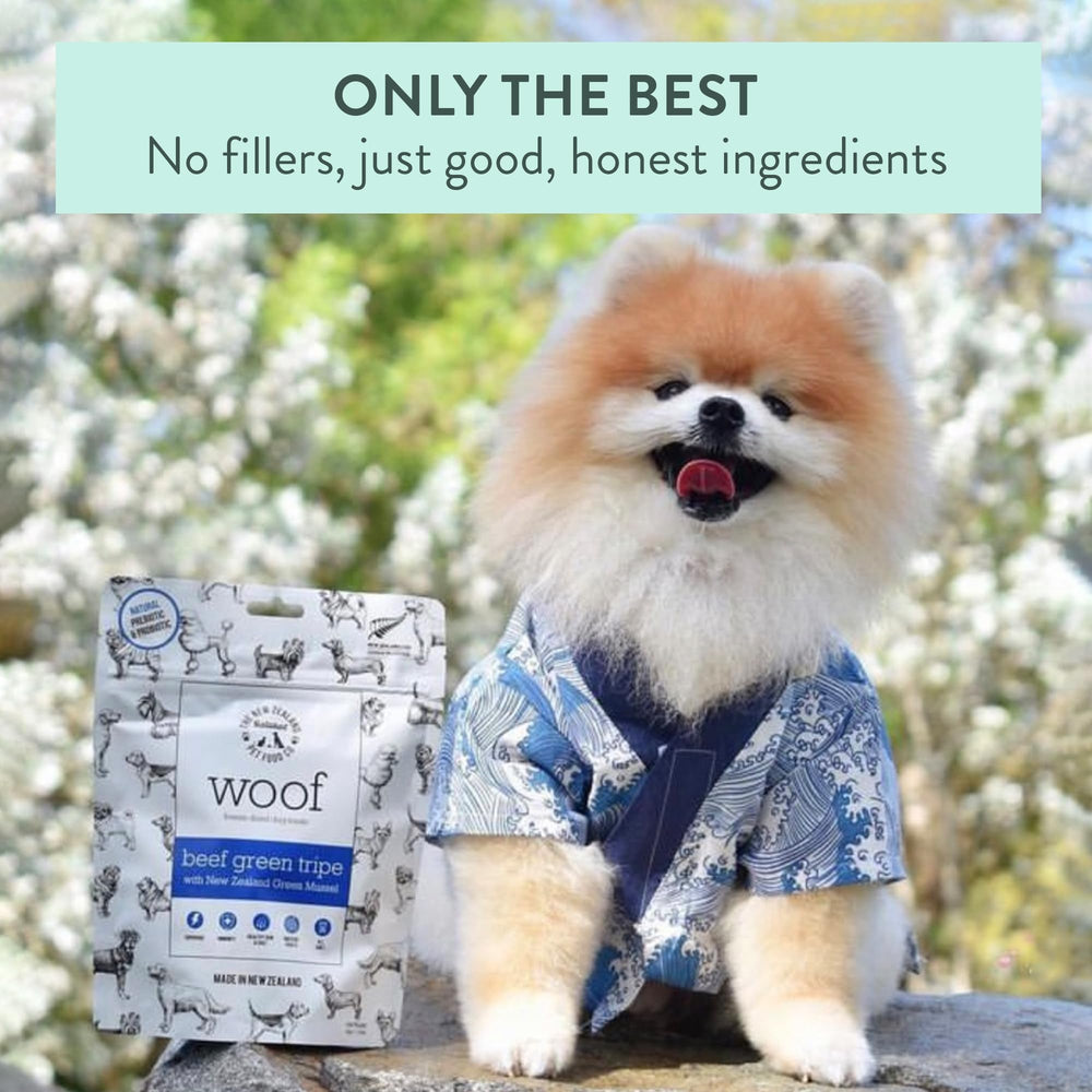 Snack sain pour chiens: WOOF tripe boeuf lyophilisé sans artificiels.