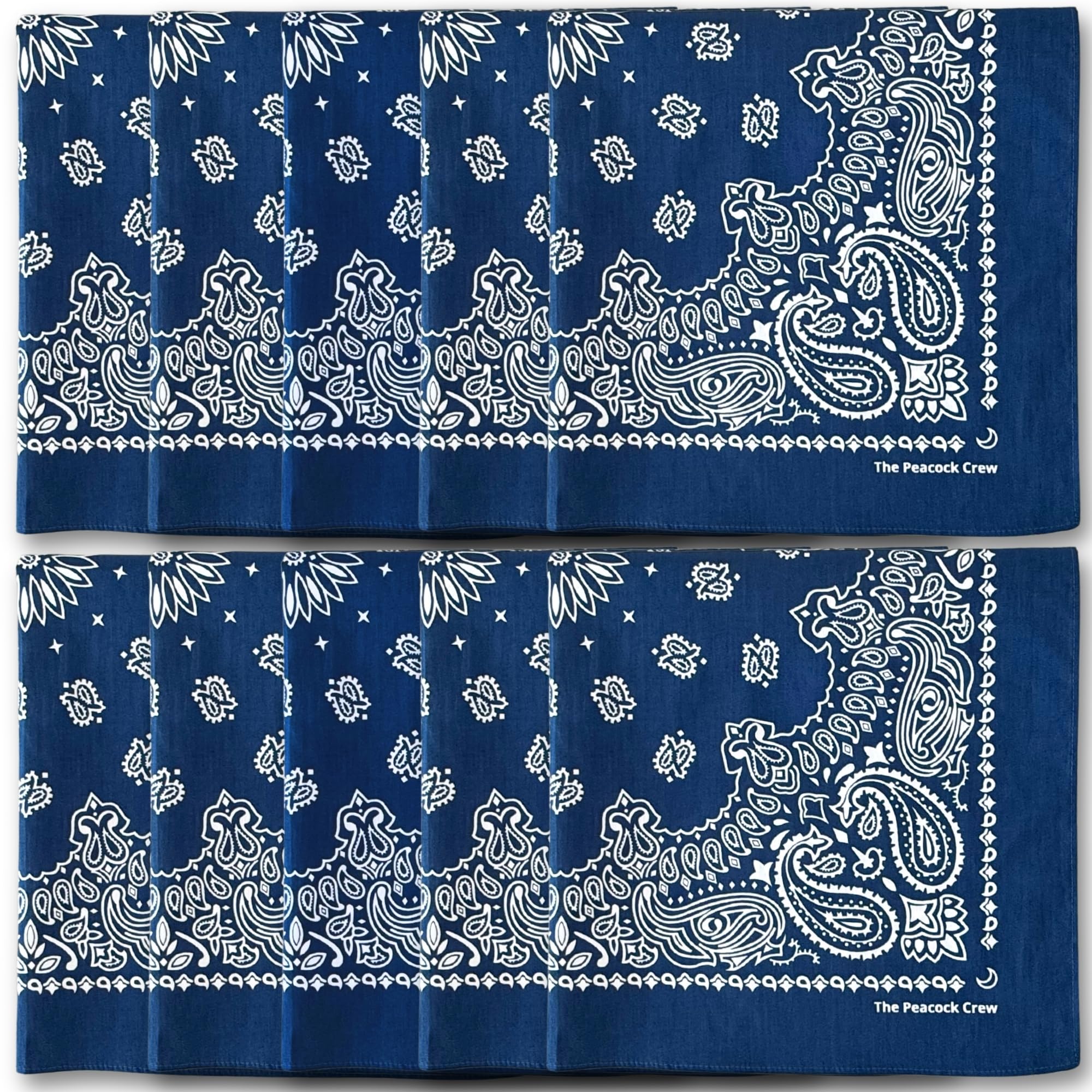 The Peacock Crew bandanas diez-pack azul marino, perfecto para uso diario resistente.