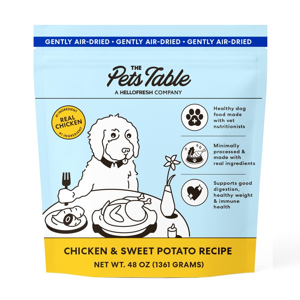 The Pets Table presenta alimento para perros deshidratado al aire con pollo y batata.