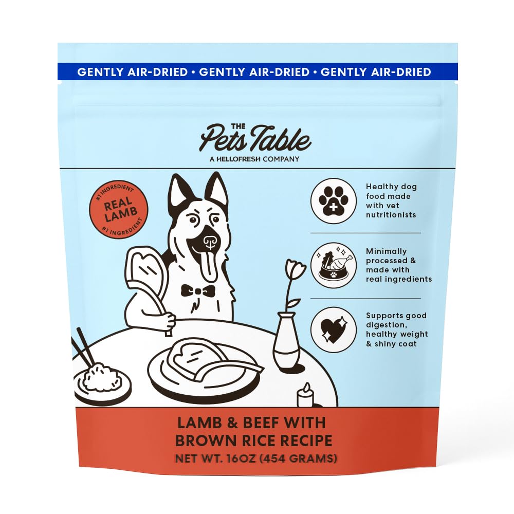 The Pets Table Lamb & Beef con arroz integral, bolsa deshidratada al aire, apoyo digestivo.