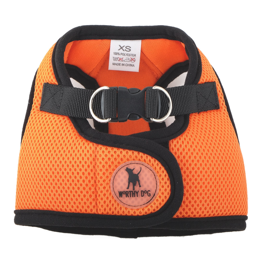 The Worthy Dog arnés paso medio naranja con malla cómoda para paseos diarios.