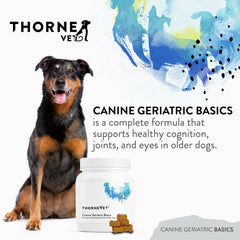 ThorneVET Canine Geriatric Basics con 22 vitaminas para el bienestar de perros mayores.