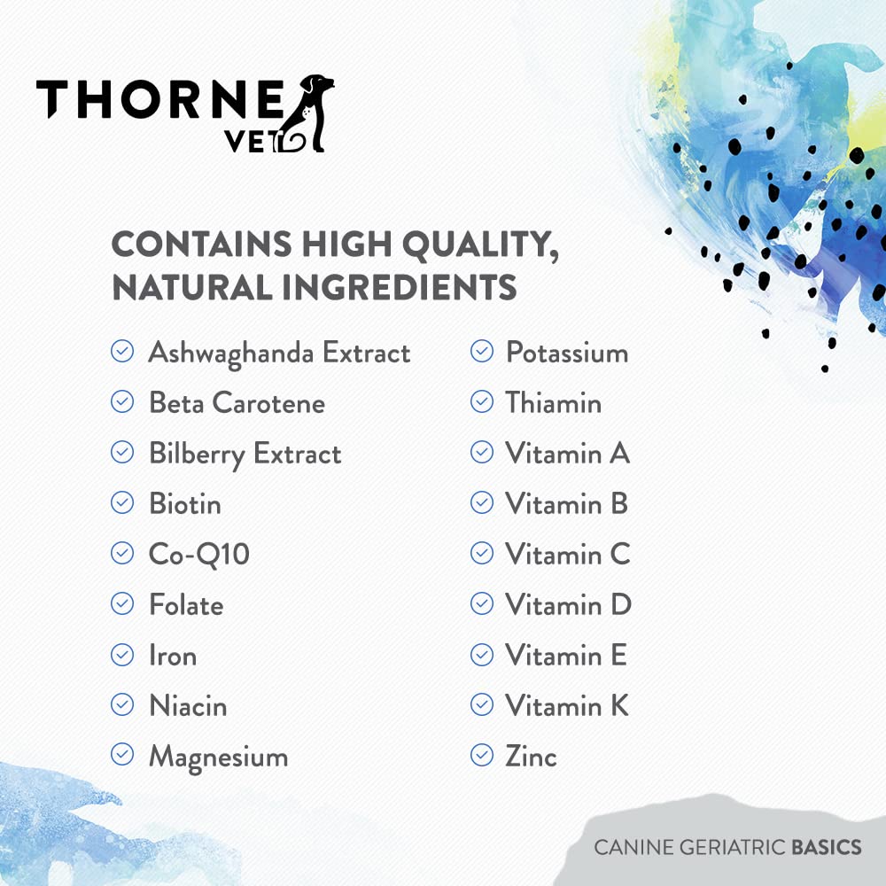 Versión para todas las tallas de ThorneVET Canine Geriatric Basics con multivitamínicas.