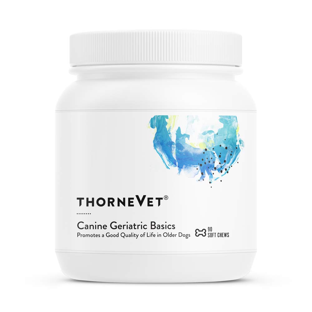 ThorneVET Canine Geriatric Basics con sabor ahumado para masticables, ideal para perros mayores.