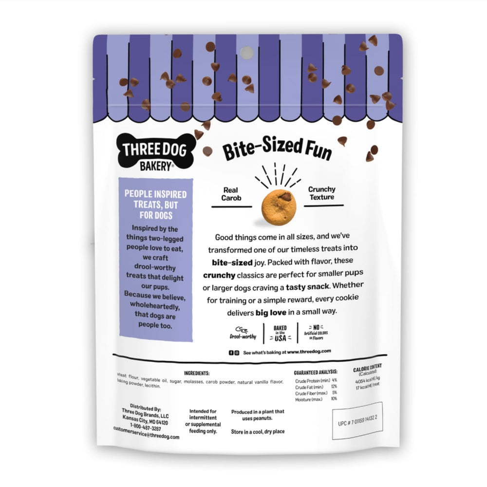 Three Dog Bakery galletas mini carob para perros, sabor vainilla real sin colorantes artificiales.