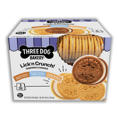 Three Dog Bakery Lick'n Crunch galletas sándwich premium para perros, crujientes y sabrosas.