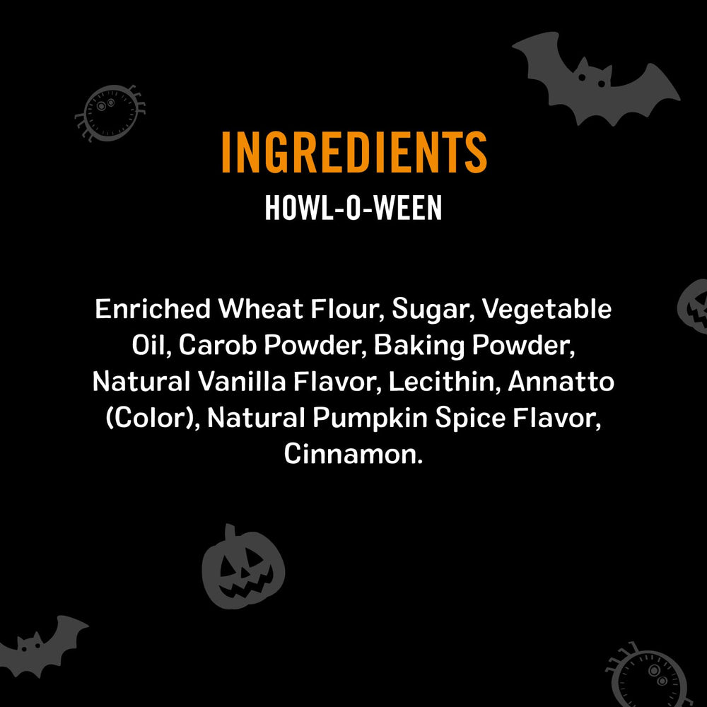 Three Dog Bakery presentacion-halloween: snack festivo para perros que disfrutan celebrar.