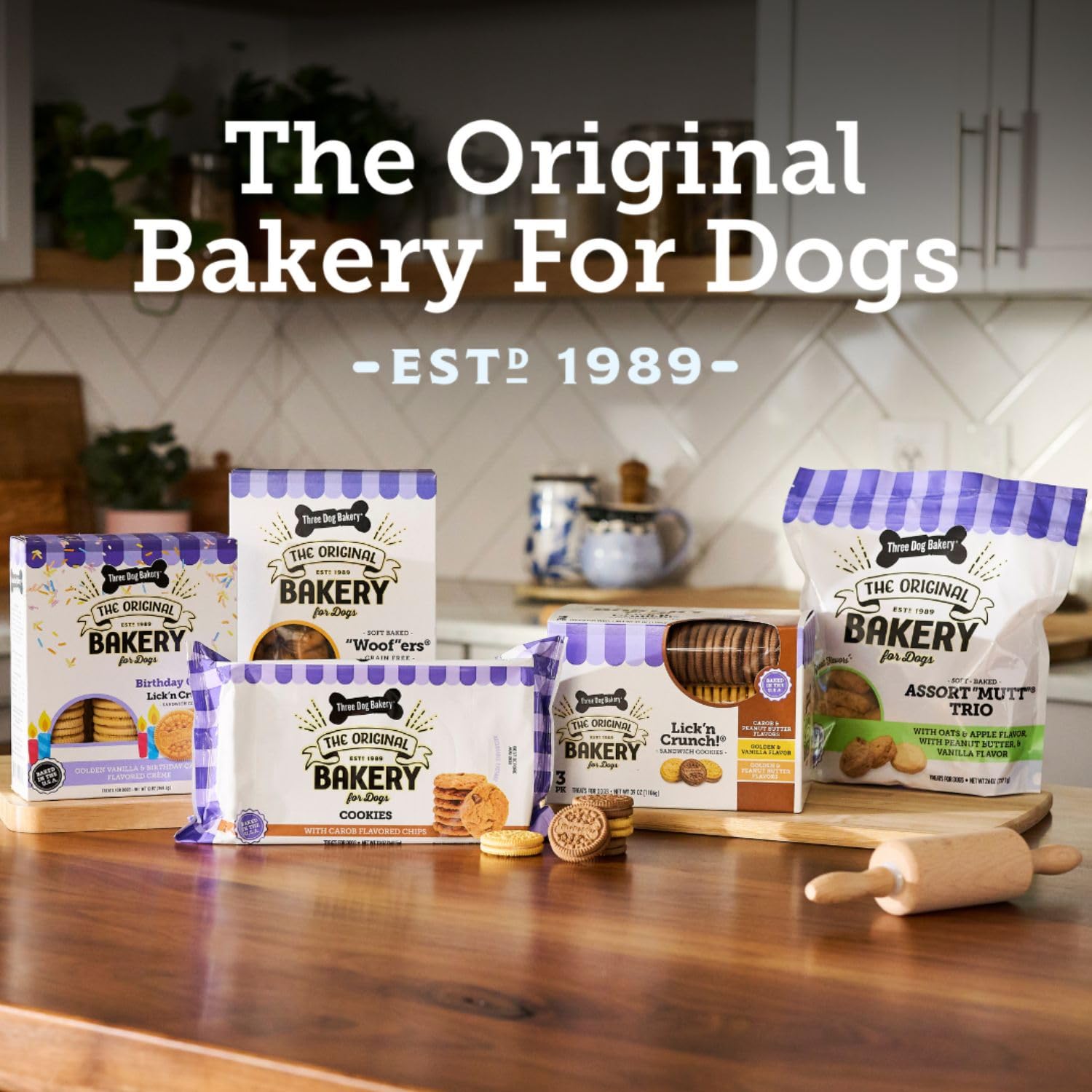 Three Dog Bakery sin aditivos artificiales, snack confiable para golosinas.