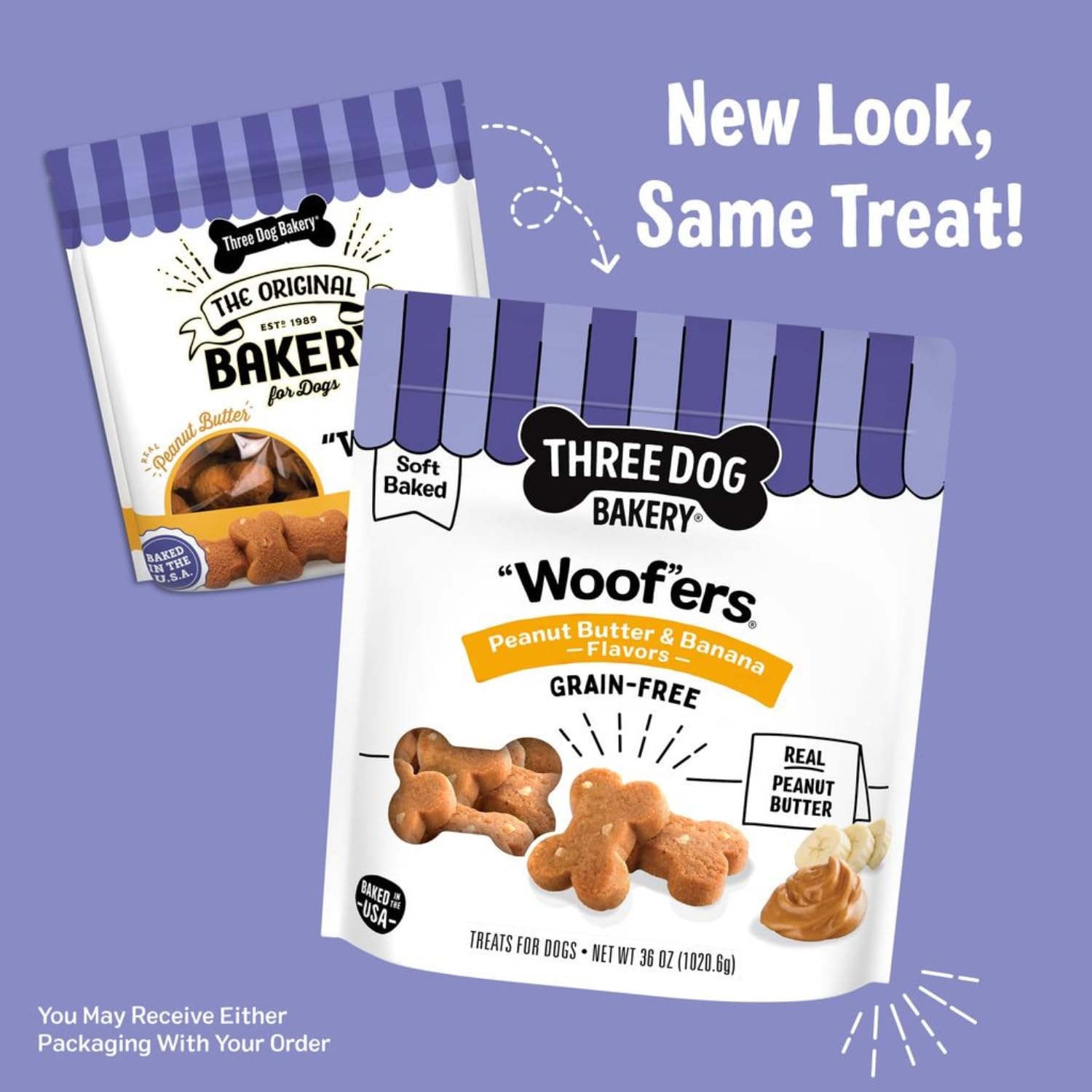 Three Dog Bakery Woofers con mantequilla de maní y plátano, sabor natural.