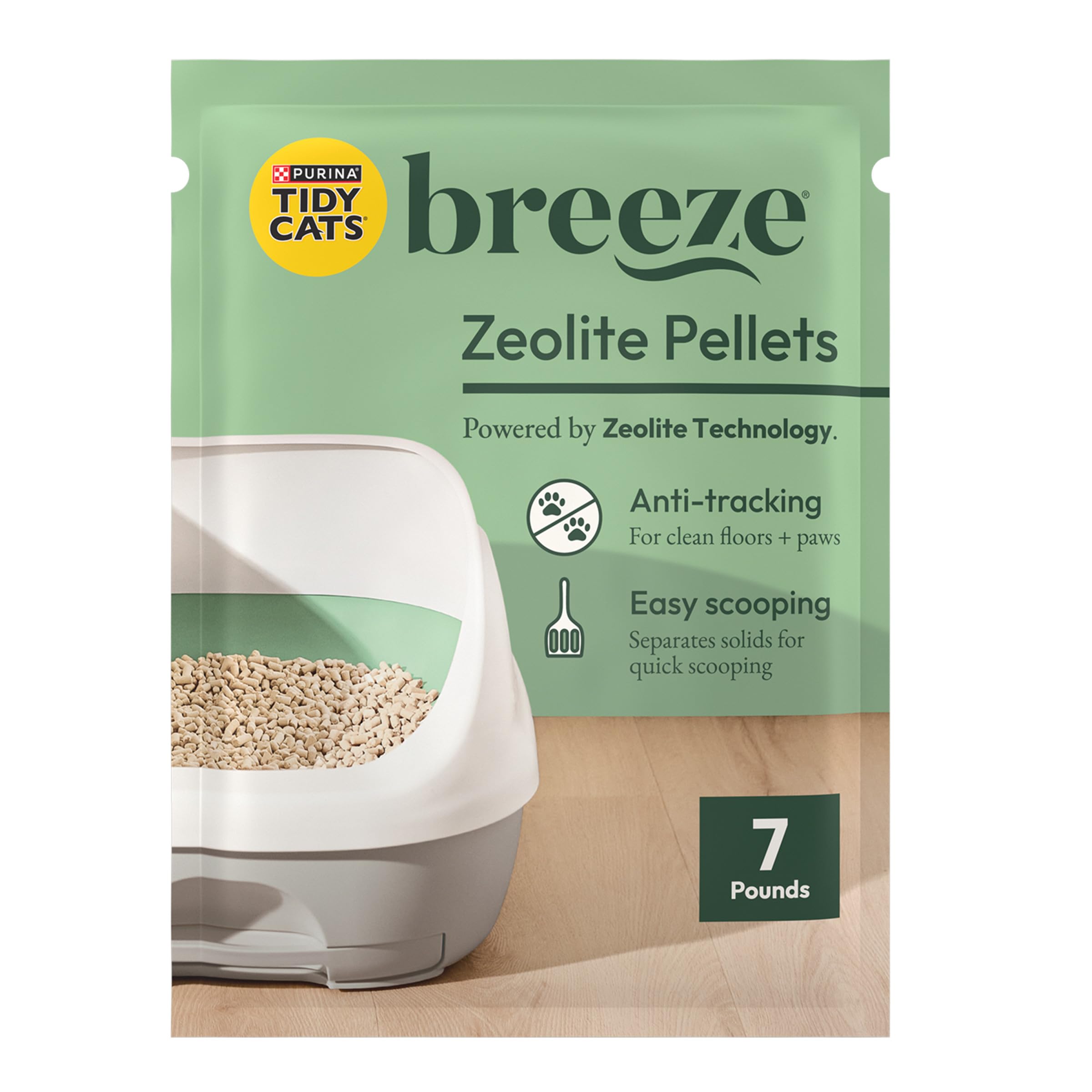 Tidy Cats Breeze pellets en envase reciclable para facilitar almacenamiento.