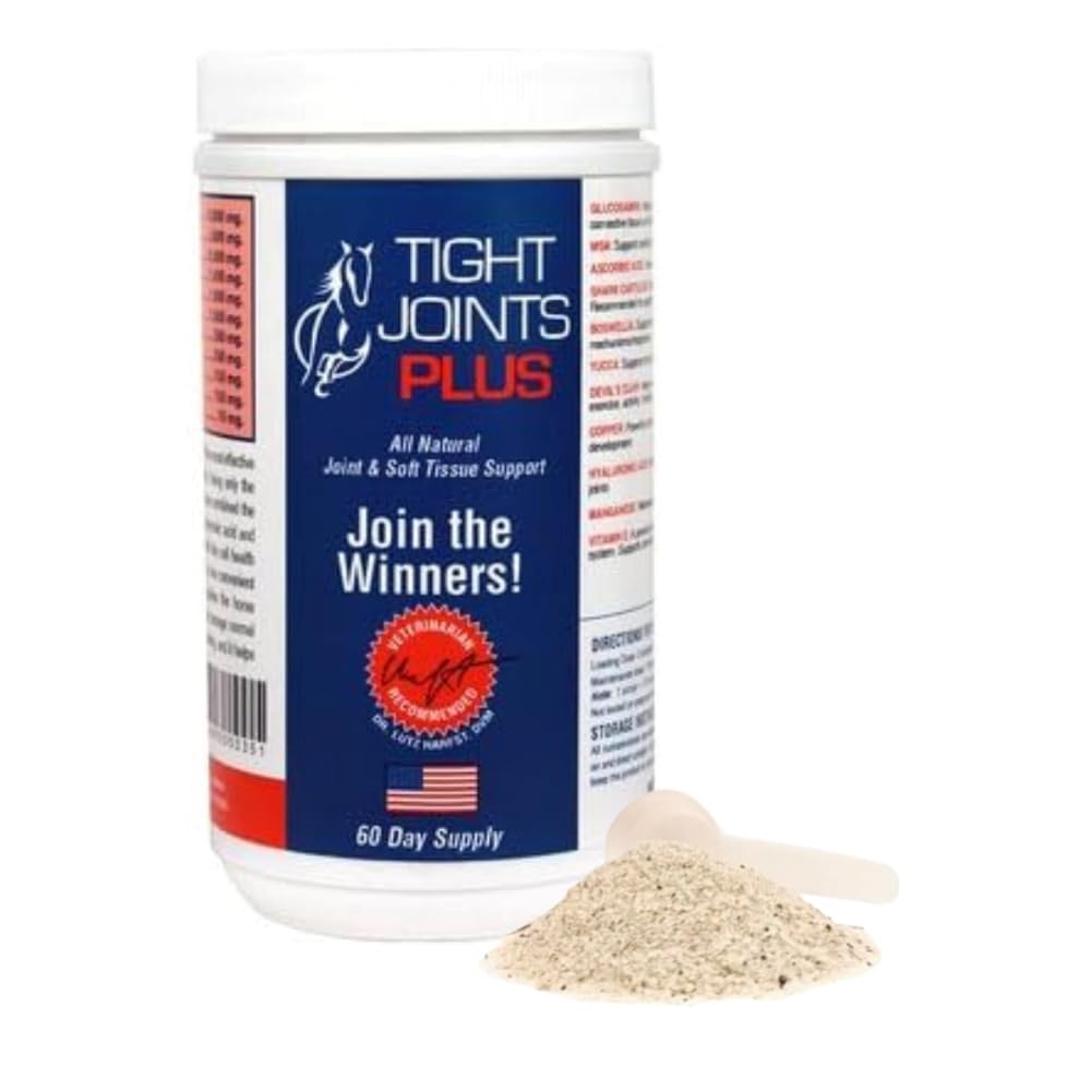 TIGHT JOINTS PLUS, caballo en entrenamiento con el producto a mano para soporte articular.