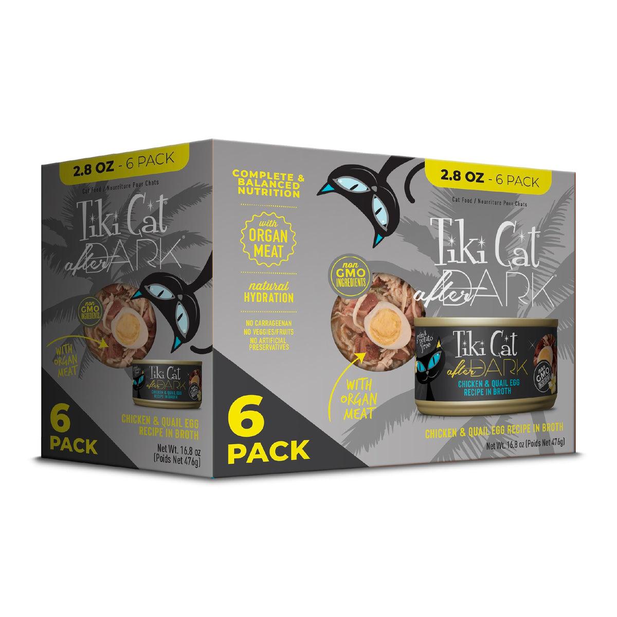Tiki Cat After Dark: lata de pollo entero y huevo de codorniz, alto en proteína para gatos.