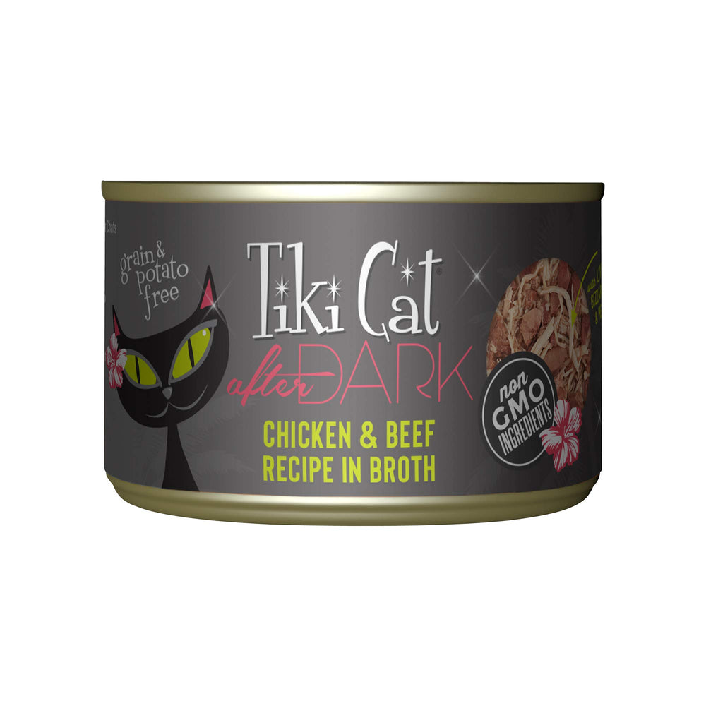Tiki Cat After Dark: lata de pollo y res, proteína real para gatos adultos.