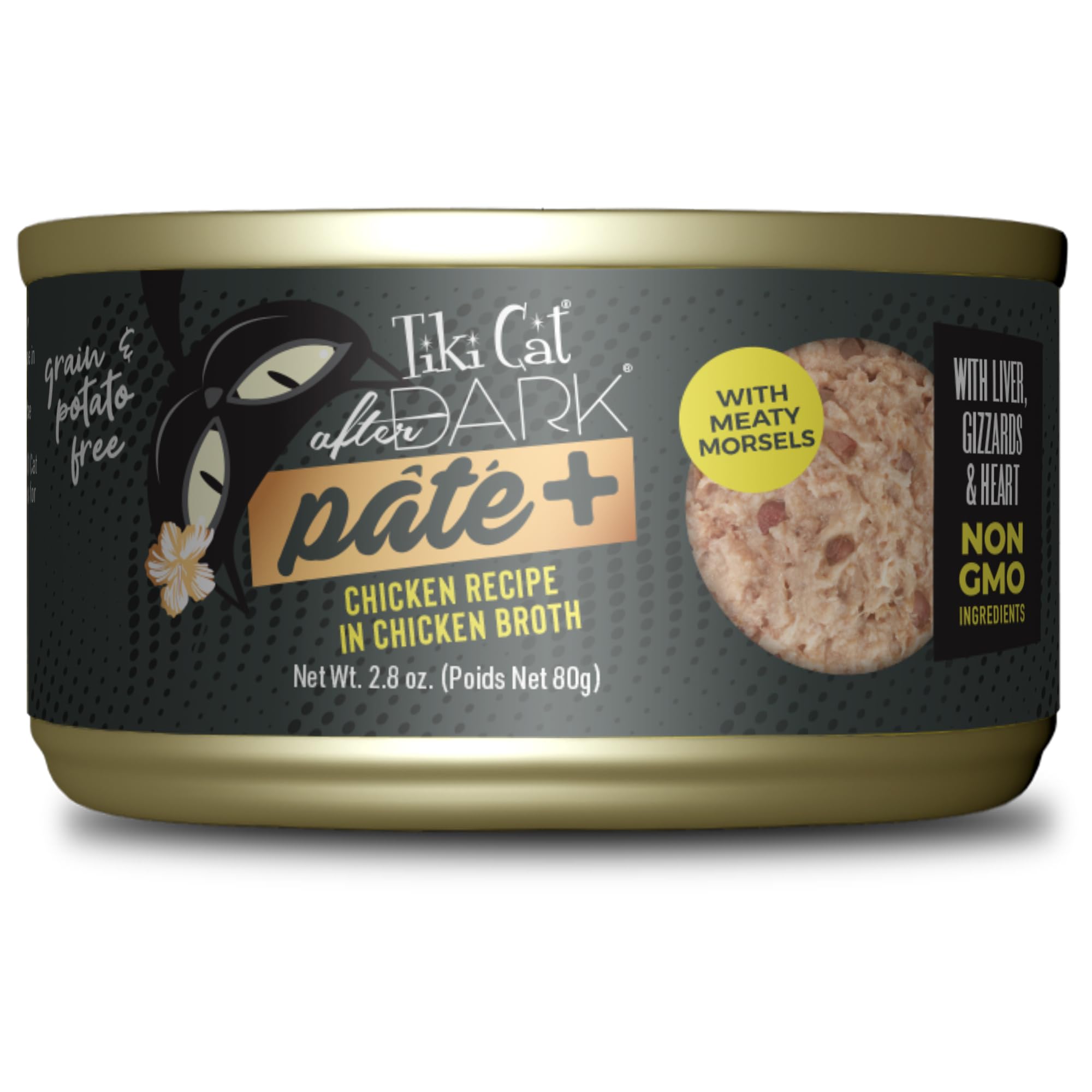 Tiki Cat After Dark Pate+ con pollo en caldo para hidratación óptima.