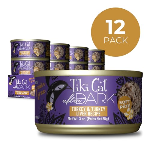 Tiki Cat After Dark Pate con proteina-pavo, fuente principal de proteína para gatos adultos.
