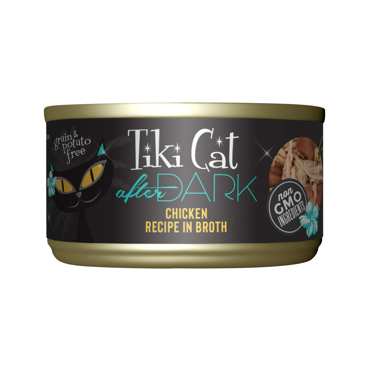 Tiki Cat After Dark con pollo desmechado en caldo, ideal para gatos adultos.